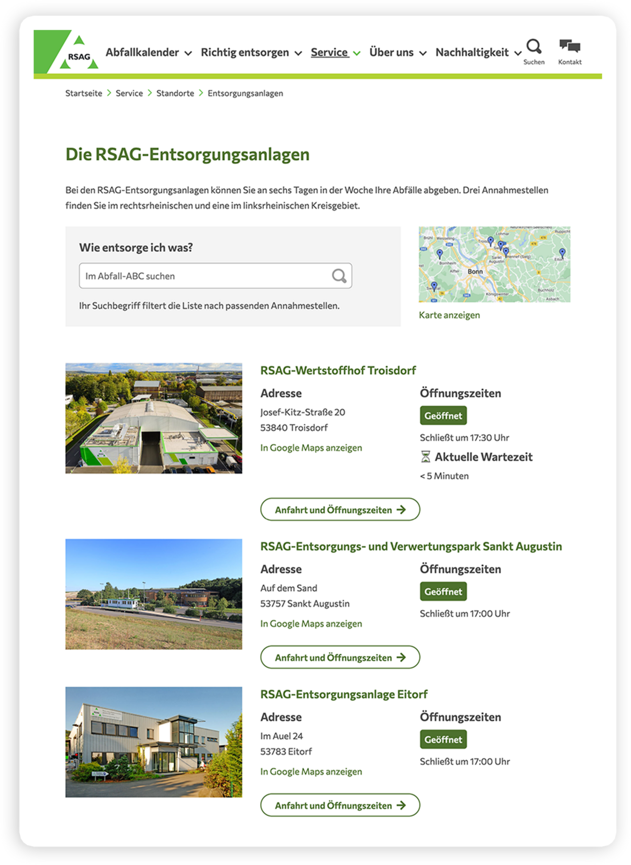 Screenshot einer deutschen Entsorgungs-Website mit Standorten, Adressen, Karten und Öffnungszeiten.