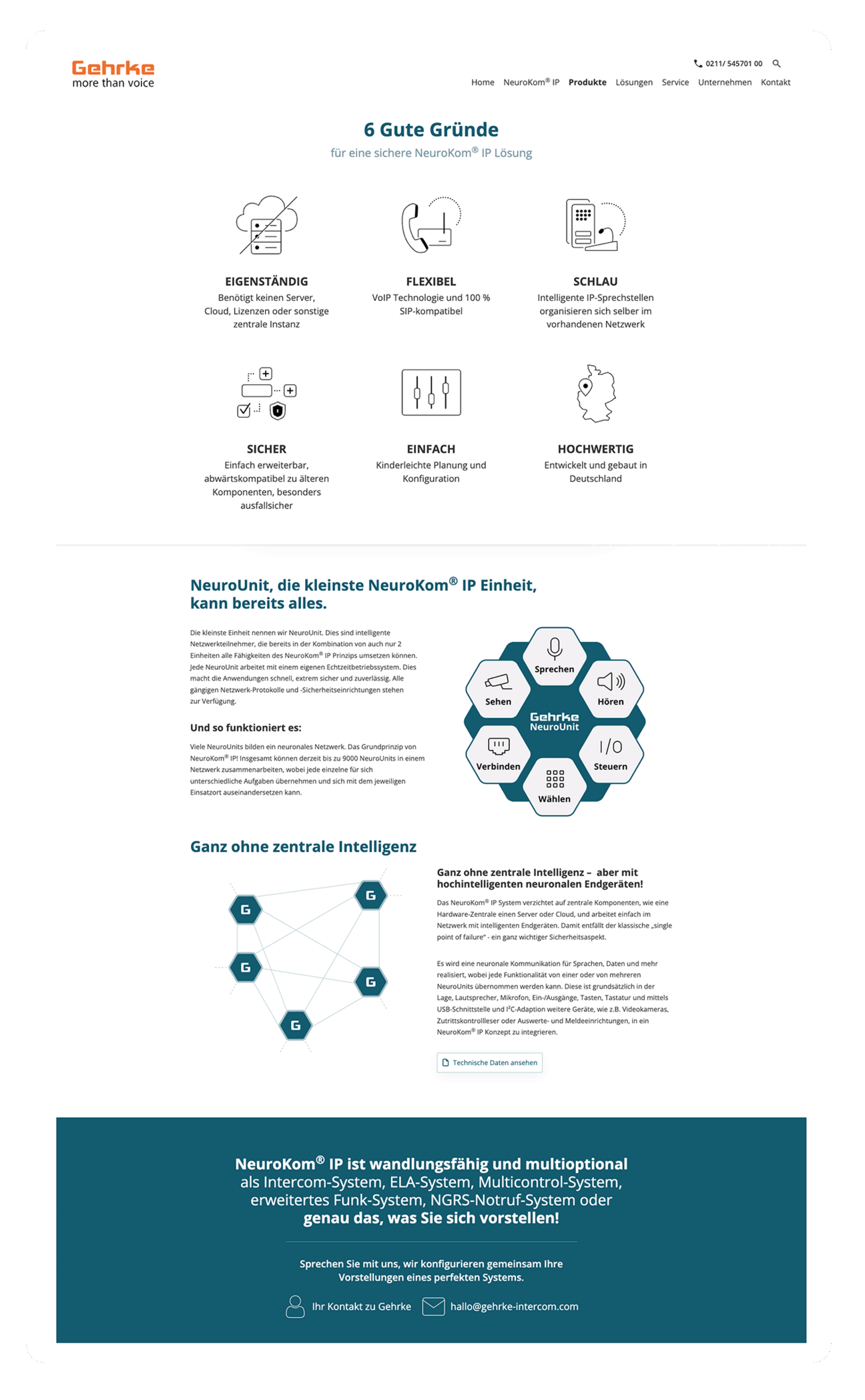 Website-Seite mit sechs Vorteilen von NeuroKom® IP mit Symbolen, Beschreibungen und Details zu den Funktionen.