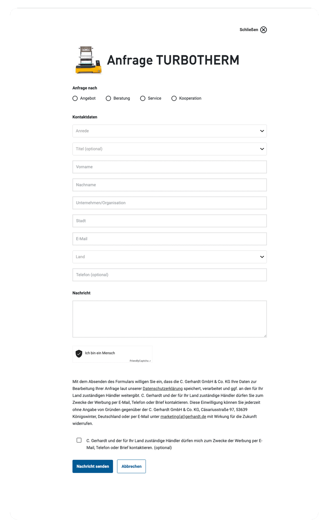 Kontaktformular für TURBOTHERM mit Feldern für Name, Firma, E-Mail, Telefon und Nachricht sowie Zustimmungsoptionen.