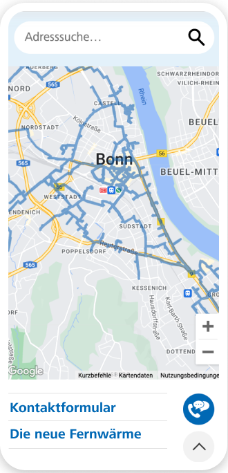 Karte von Bonn, Deutschland, mit blauen Straßen auf dem Bildschirm eines mobilen Geräts und einer Suchleiste am oberen Rand.