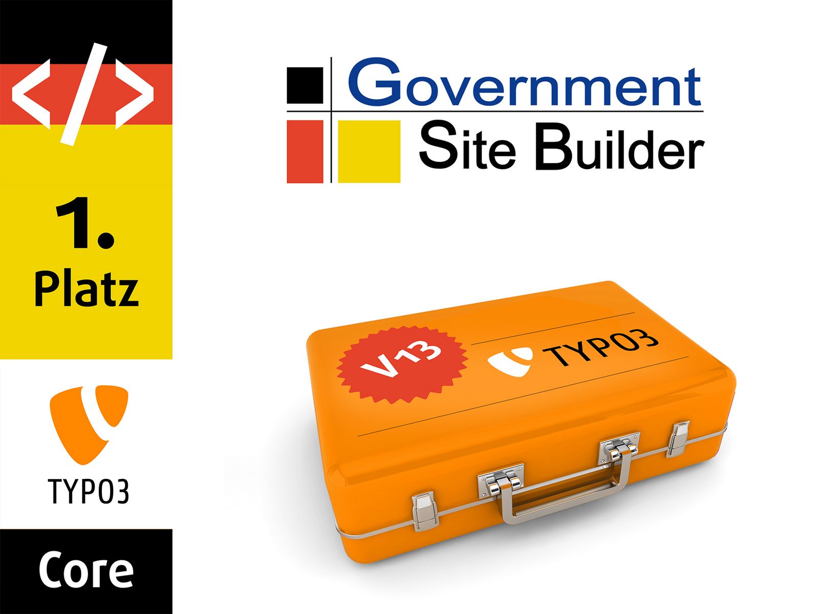 Orangefarbene TYPO3 Metallkoffer mit V13 Abzeichen und Government Site Builder 1. Platz Text auf der linken Seite.
