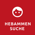 Weißes Symbol eines lächelnden Gesichts über dem Text HEBAMMEN SUCHE auf rotem Hintergrund.