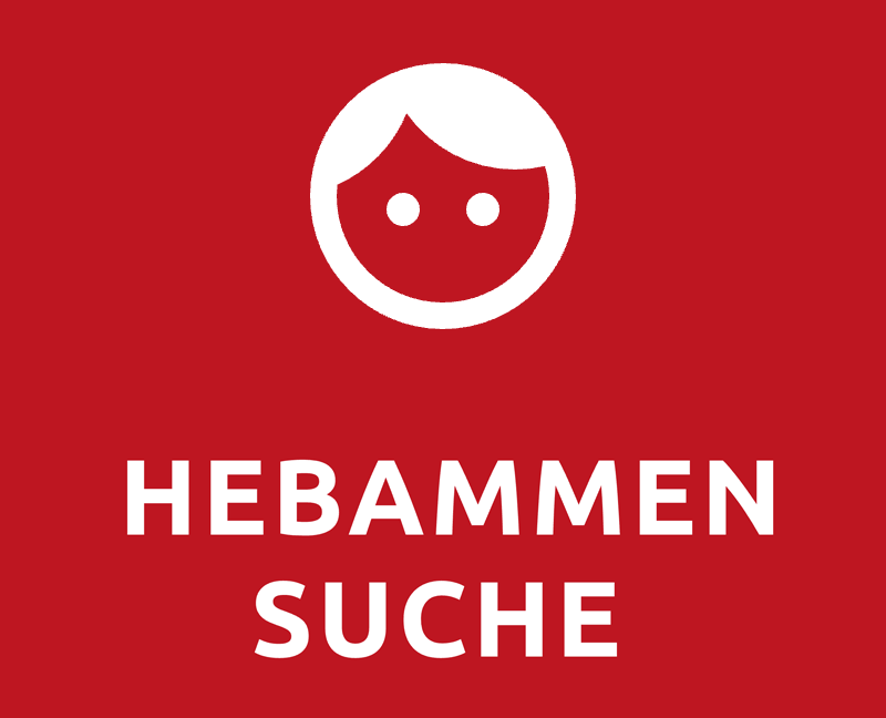 Weißes Symbol eines lächelnden Gesichts über dem Text HEBAMMEN SUCHE auf rotem Hintergrund.