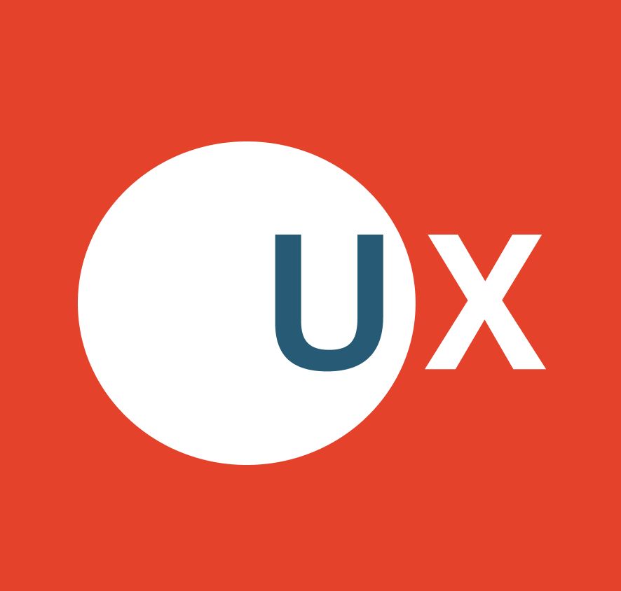 Weißer Kreis mit blauen UX-Buchstaben auf rotem Hintergrund.