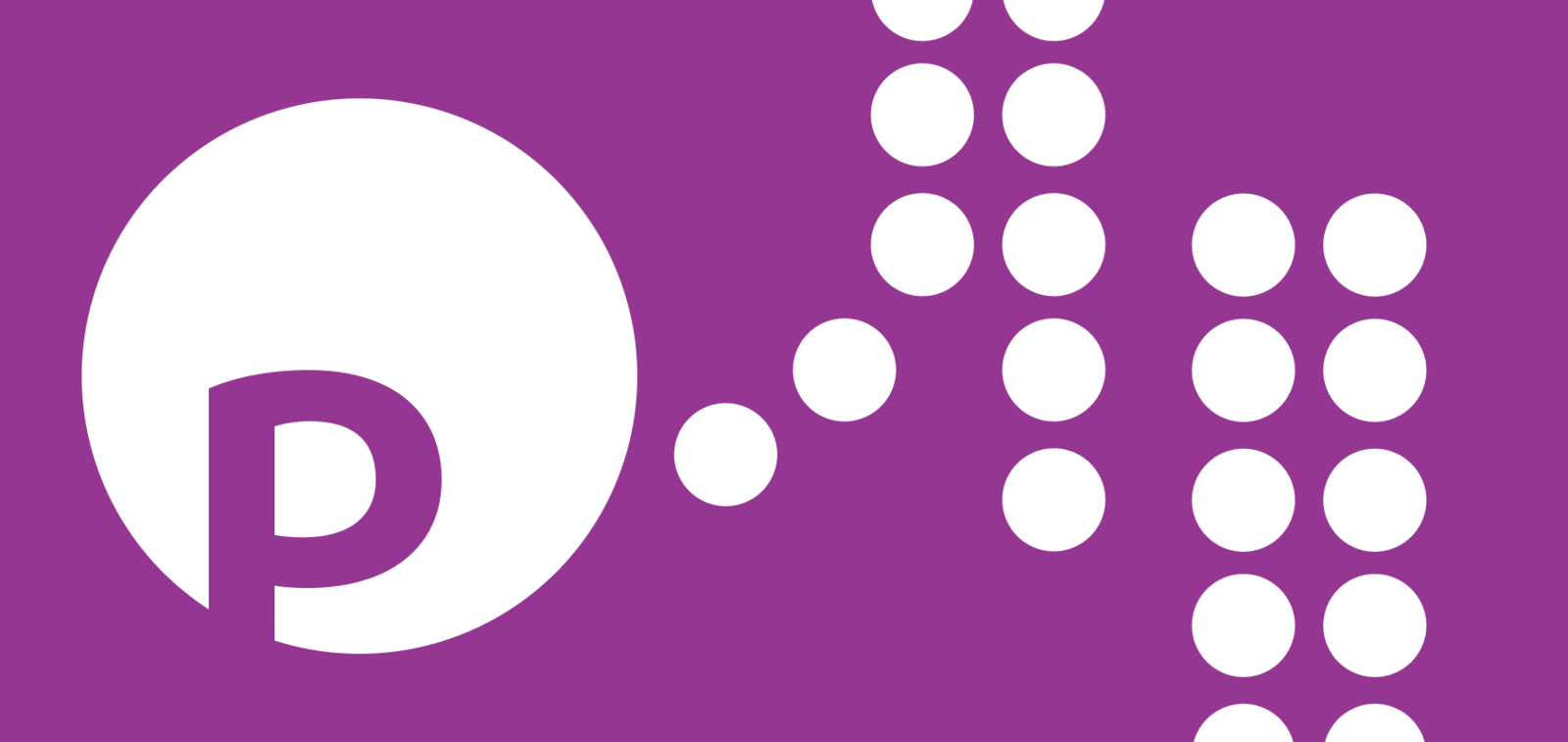 Violettes P auf einem weißen Kreis mit senkrecht gepunkteten Linien auf violettem Hintergrund.