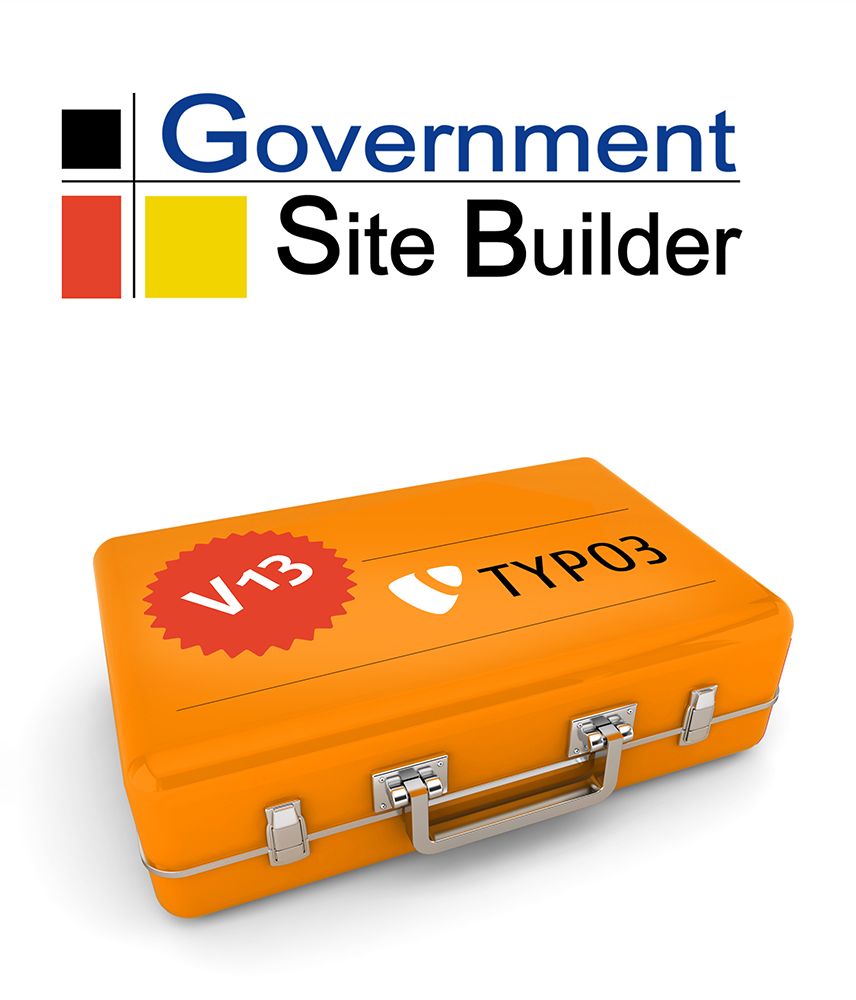 Eine orangefarbene Metallkoffer mit der Aufschrift TYPO3 V13 unter dem Logo des Government Site Builder.